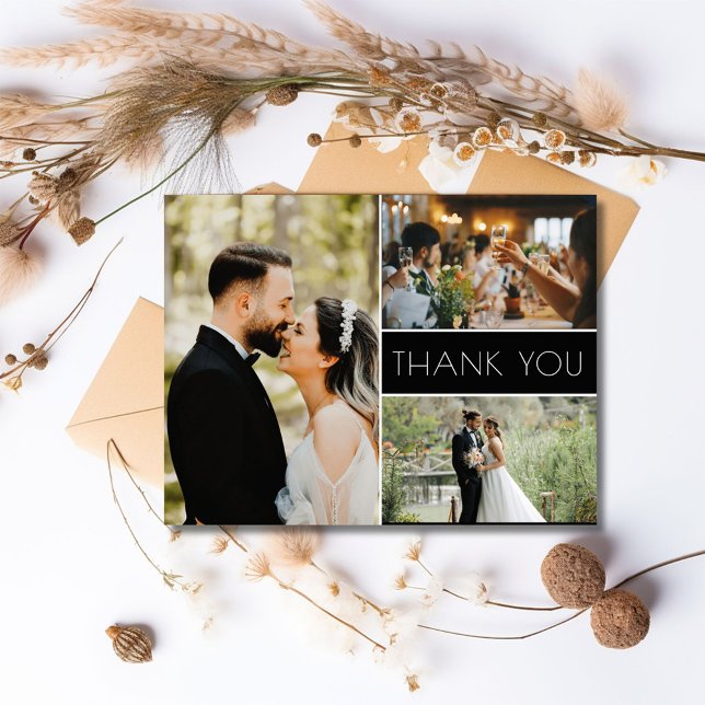 Postal 3 Boda de fotos Gracias (3 Photo Script Wedding Thank You Postcard)