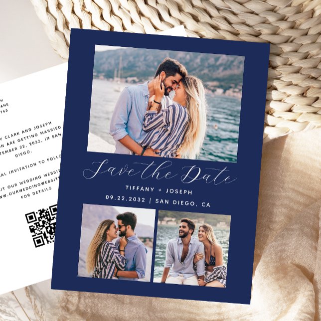 Postal 3 Código QR de Foto Azul Marino Save the Date (Subido por el creador)