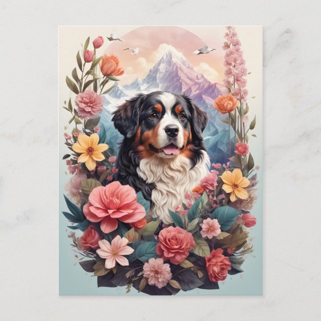 Postal 3.D Fantasía Floral Bernese Mountain Pájaros de ca (Anverso)