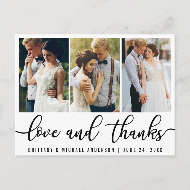 Postal 3 Foto Boda Moderna Amor Gracias Script Negro (Anverso)
