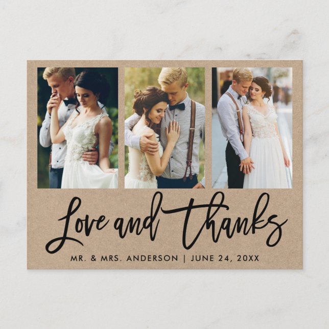 Postal 3 Foto Brush Script Boda Agradecimiento Amor Kraft (Anverso)