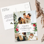 Postal 3 Foto Elegante Feliz Navidad Feriado Botánico<br><div class="desc">Esta colección cuenta con flores de color agua rojo,  bayas y vegetación de invierno con tipografía moderna y elegante,  con un patrón botánico de invierno.</div>