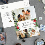 Postal 3 Foto Elegante Invierno Botánico Feliz Navidad<br><div class="desc">Esta colección cuenta con flores de color agua rojo,  bayas y vegetación de invierno con tipografía moderna y elegante,  con un patrón botánico de invierno.</div>