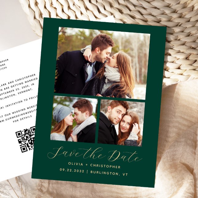 Postal 3-Foto Verde Esmeralda Oro Código QR Save the Date (Subido por el creador)