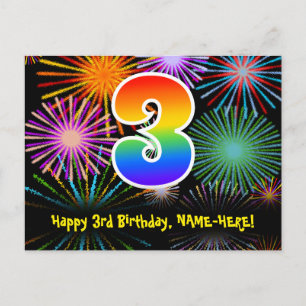 Postal 3er Cumpleaños – Divertido Patrón de Fuegos Artifi