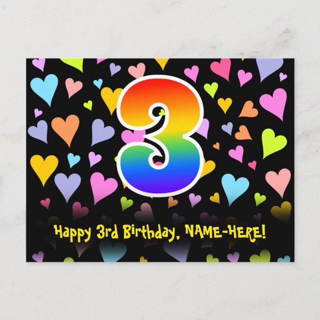 Postal 3er Cumpleaños: Estampado de Corazones Divertidos, (Anverso)