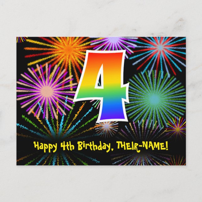 Postal 4º Cumpleaños – Divertido Patrón de Fuegos Artific (Anverso)