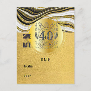 Postal 40.º cumpleaños Black and Gold Modern Save the Dat