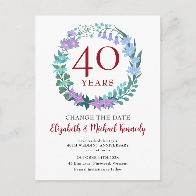 Postal 40° Aniversario de Ruby Floral Bluebells Fecha de  (Anverso)