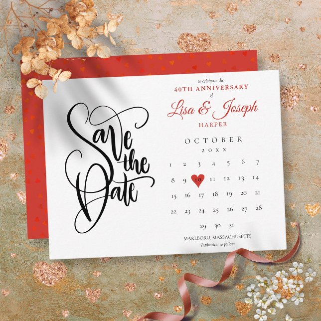 Postal 40° Aniversario Guardar el calendario de fecha Cor (40th Anniversary Save the Date Calendar Ruby Heart Postcard)