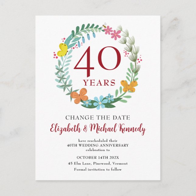 Postal 40° Aniversario Ruby Floral Wreath Change Date (Anverso)