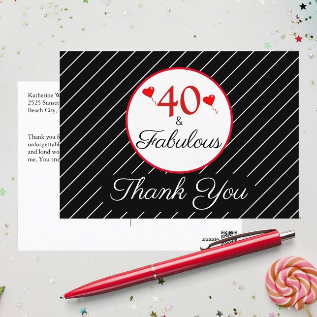Postal 40 y fabulosa foto de cumpleaños 40 Black Gracias (40 & Fabulous 40th Birthday Photo Black Thank You Postcard)