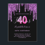 Postal 40 y fabuloso purpurina goteando glam morado negro<br><div class="desc">40 y Fabulosa invitación a la fiesta de cumpleaños. Delante: Un fondo negro de moda. Decorada con tonalidades purpurinas de color morado oscuro, con pinturas que gotean. Personalice y agregue un nombre y detalles del fiesta. El nombre está escrito con un guión de estilo con letras a mano, letras de...</div>