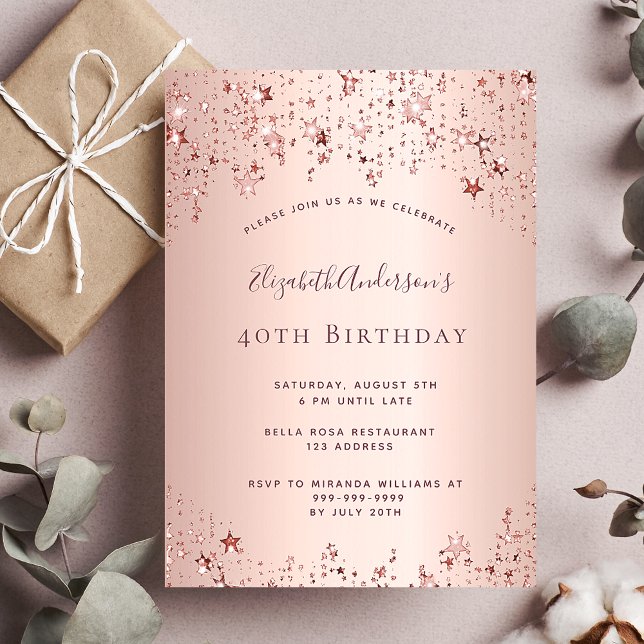 Postal 40th birthday party rose gold stars invitation (Subido por el creador)