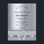Postal 40th birthday party silver sparkle invitation<br><div class="desc">A modern, stylish and glamorous invitation for a woman's 40th birthday party. A faux silver metallic looking background with an elegant faux silver bow, ribbon and sparkle. The name is written with a modern black hand lettered style script. Templates for your party details. Tip: If you don't want it to...</div>