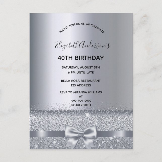 Postal 40th birthday party silver sparkle invitation (Anverso)