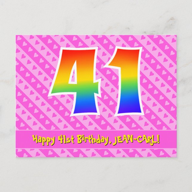 Postal 41° cumpleaños: Rayas y corazones rosados, arco ir (Anverso)