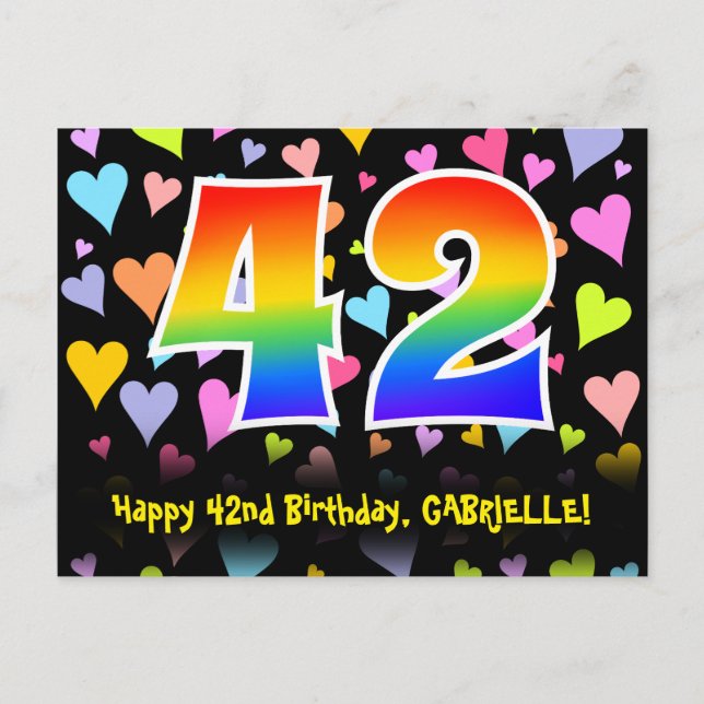 Postal 42º cumpleaños: Patrón de corazones divertidos, ar (Anverso)
