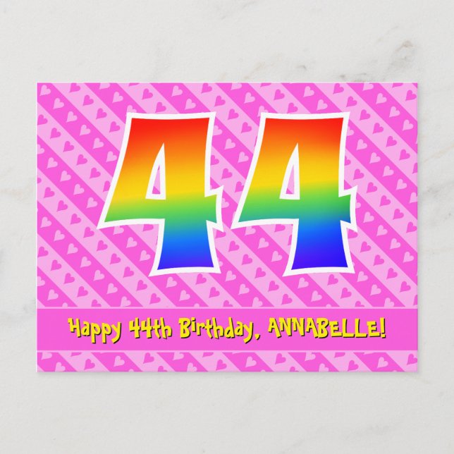 Postal 44º cumpleaños: Rayas y corazones rosados, arcoiri (Anverso)