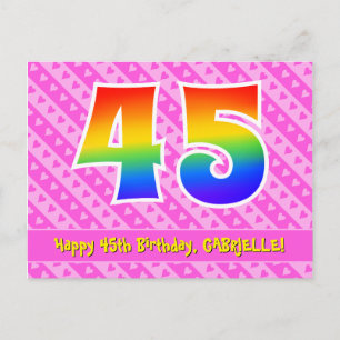 Postal 45º cumpleaños: Rayas rosas y corazones, arcoiris 