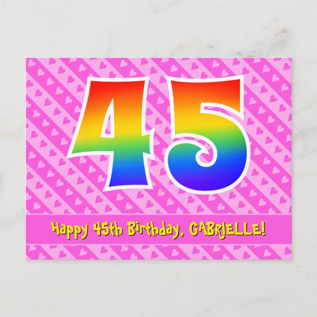 Postal 45º cumpleaños: Rayas rosas y corazones, arcoiris  (Anverso)