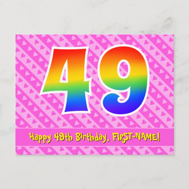 Postal 49º cumpleaños: Rayas rosas y corazones, arcoiris  (Anverso)