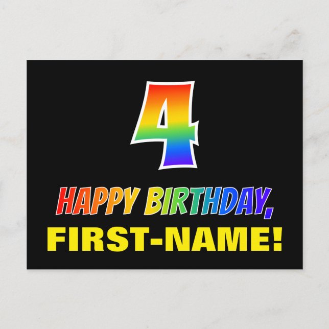 Postal 4.º cumpleaños: audaz, divertido, simple, arcoiris (Anverso)