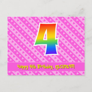Postal 4.º cumpleaños: Rayas rosas y corazones, arco iris