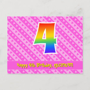 Postal 4.º cumpleaños: Rayas rosas y corazones, arco iris