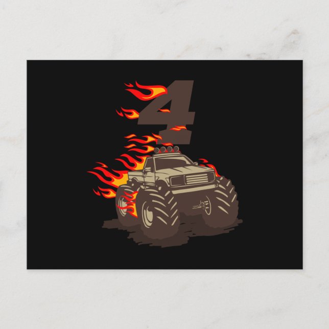 Postal 4 CAMION MONSTRUO DE CUMPLEAÑOS 4 Cumpleaños Niño  (Anverso)