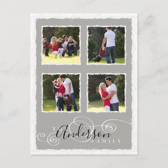 Postal 4 Collage de fotos Añadir nombre de familia gris (Anverso)