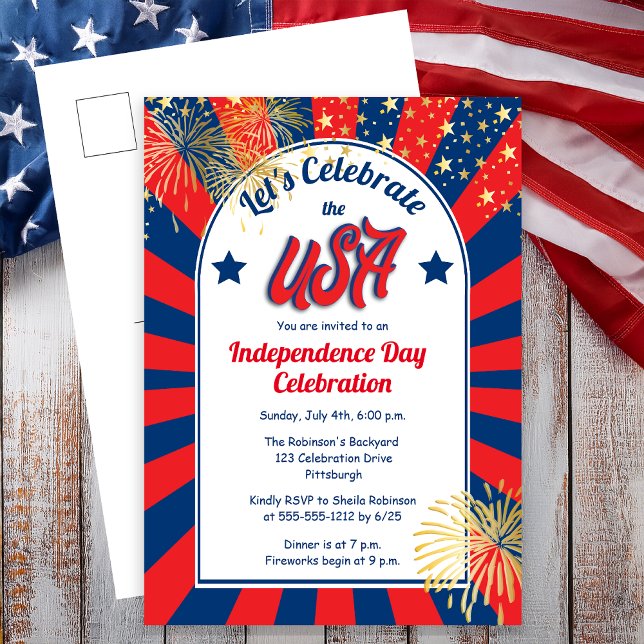 Postal 4 de julio, Día de la Independencia, se celebra el (July 4th Independence Day "Let's Celebrate the USA" Holiday Postcard Invitation)