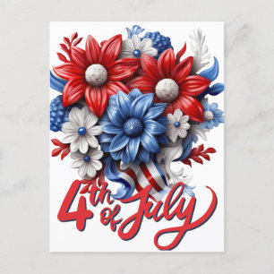 Postal 4 de julio Flores en blanco rojo y azul patriótico