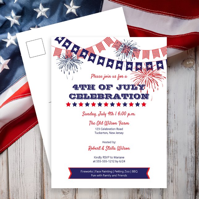 Postal 4 de julio Fuegos artificiales de celebración | In (4th of July Celebration Fireworks Bunting Postcard Invite)