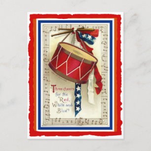 Postal 4 de julio Tambor de marchas vintage blanco y azul