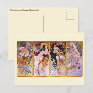 Postal 4 Estaciones de Alphonse Mucha, Arte Nouveau Antig