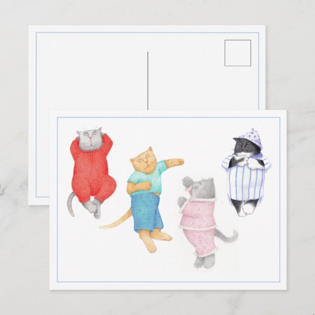 Postal 4 GATOS EN PAJAMAS Postcard (Anverso / Reverso)