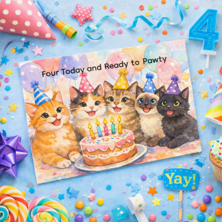 Postal 4th Birthday Card for Girls Fun Cat Party 