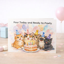 Postal 4th Birthday Card for Girls Fun Cat Party 