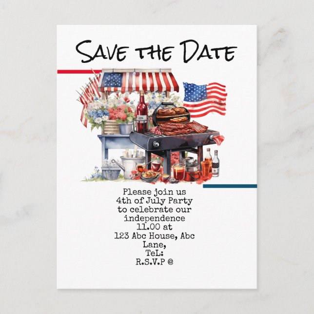 Postal  4th July Save the Date  Independence Day party   (Anverso)