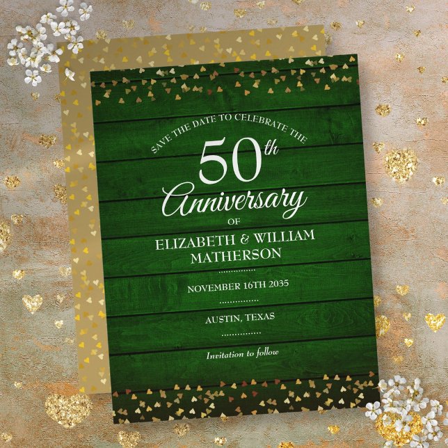 Postal 50º Aniversario Rústico Guardar la Fecha Corazones (50th Anniversary Rustic Save the Date Gold Hearts Postcard)