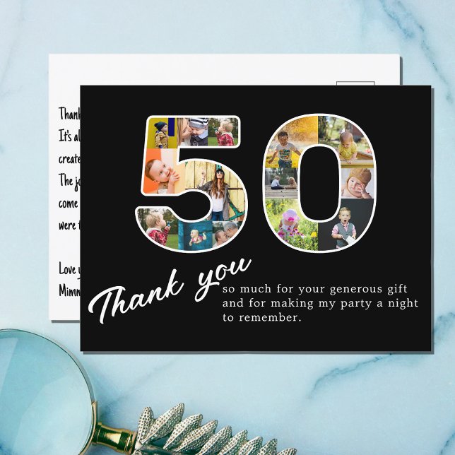 Postal 50.º cumpleaños Collage de fotos negro gracias (50th birthday thank you postcard with photo montage.)