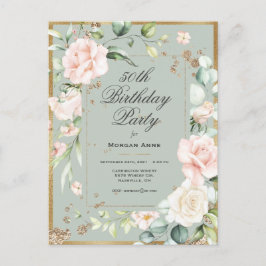 Postal 50.º cumpleaños Sage Green Gold acuarela Floral I