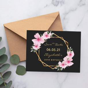 Postal 50.º cumpleaños Salvar la fecha oro negro tropical