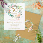 Postal 50° Aniversario Sorpresa Fiesta Rosas Garland<br><div class="desc">Con una delicada acuarela de vegetación floral,  esta moda fiesta botánico sorpresivo 50 aniversario de boda puede ser personalizada con su información especial de aniversario dorado. El reverso presenta una guirnalda floral que enmarca las fechas del aniversario en un elegante texto blanco sobre un fondo dorado. Diseñado por Thisisnotme©</div>