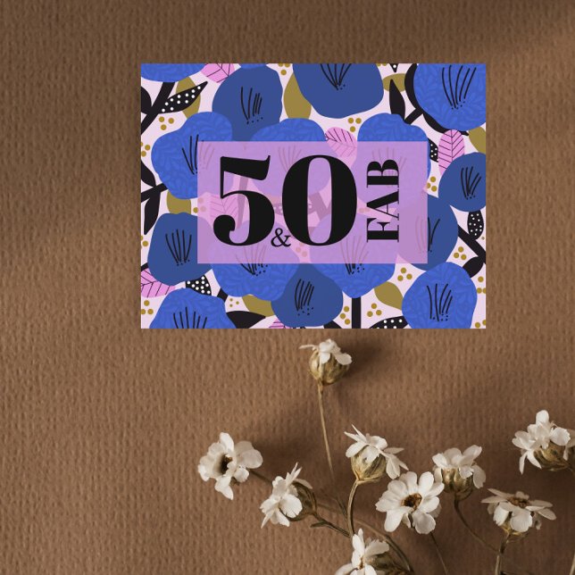 Postal 50 y fabuloso 50 cumpleaños Floral de oro azul (Subido por el creador)
