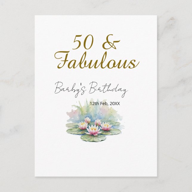 Postal 50 y fabuloso loto de agua dorado acuarela  (Anverso)