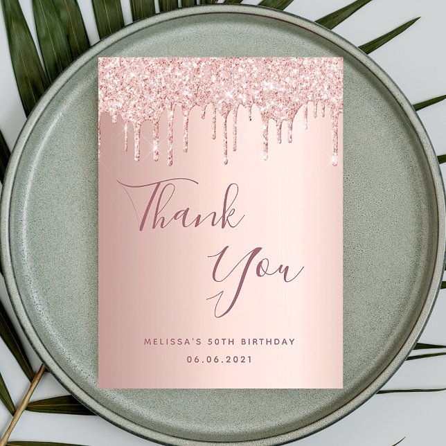 Postal 50th Birthday 50 rose gold glitter drips thank you (Subido por el creador)
