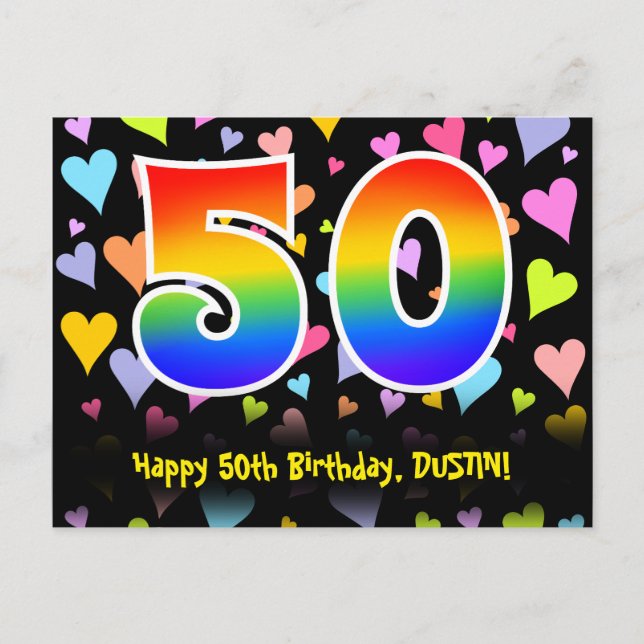 Postal 50th Birthday: Fun Hearts Pattern, Rainbow 50 (Anverso)