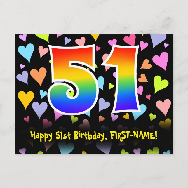 Postal 51° cumpleaños: Patrón de corazones divertidos, ar (Anverso)